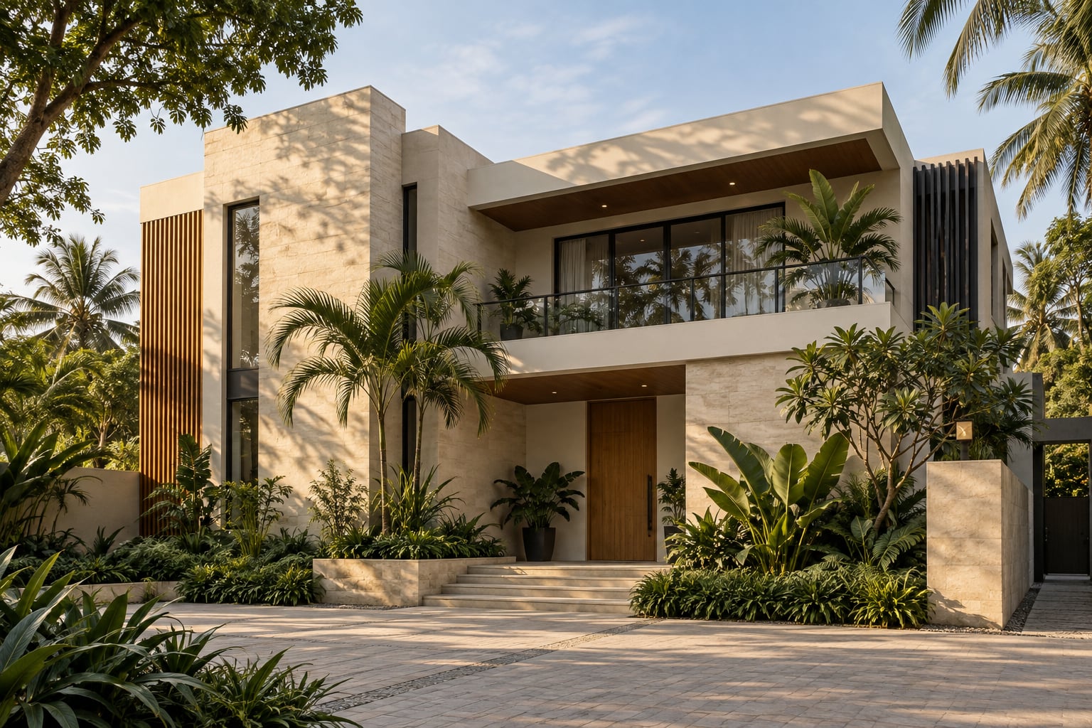 Architectural concept of a warm contemporary home framed by tropical greenery